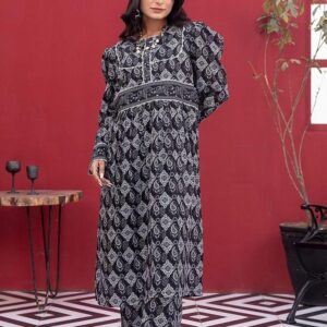 2 Pcs Women's Stitched Lawn Pret Printed Suit, Black