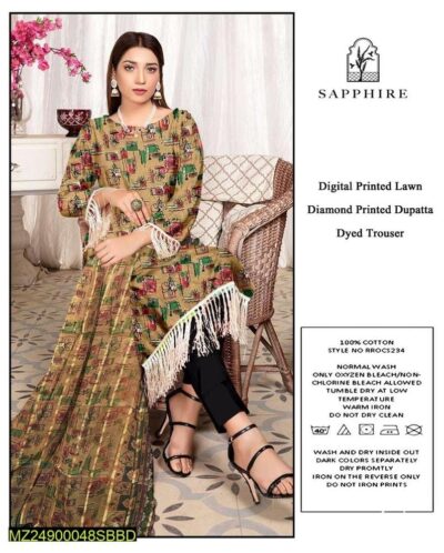 3 Pcs Women's Unstitched Lawn Digital Print Suit