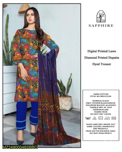 3 Pcs Women's Unstitched Lawn Digital Print Suit