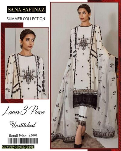 3 Pcs Women's Unstitched Lawn Embroidered Suit