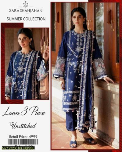 3 Pcs Women's Unstitched Lawn Embroidered Suit