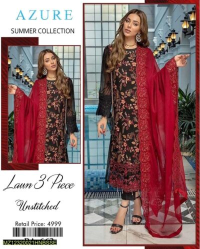 3 Pcs Women's Unstitched Lawn Embroidered Suit