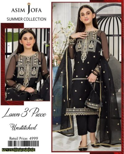 3 Pcs Women's Unstitched Lawn Embroidered Suit