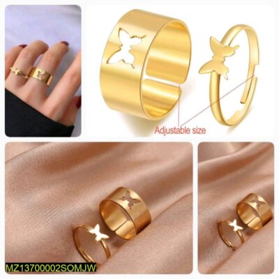 Pair Of Alloy Gold Plated Trendy Butterfly Design Ring Set, Pack Of 2