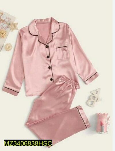 2 Pcs Unisex Stitched Silk Plain Night Suit