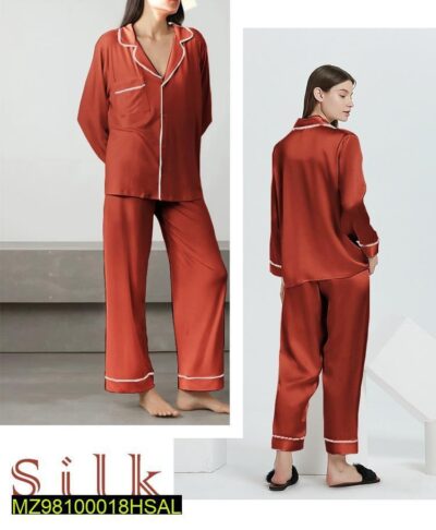 2 Pcs Women's Stitched Silk Plain Night Suit