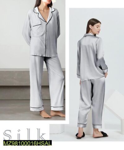 2 Pcs Women's Stitched Silk Plain Night Suit