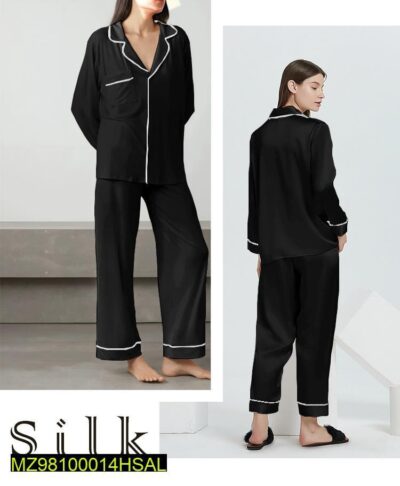 2 Pcs Women's Stitched Silk Plain Night Suit