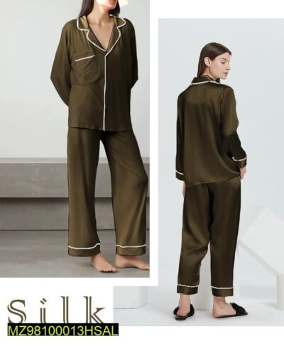 2 Pcs Women's Stitched Silk Plain Night Suit