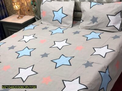 3 Pcs Cotton Printed Double Bedsheet-Grey