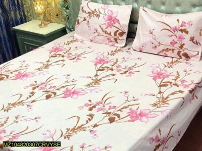 3 Pcs White Cotton Printed Double Bedsheet