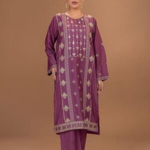 2 Pcs Women's Stitched Lawn Pret Embroidered Suit, Purple