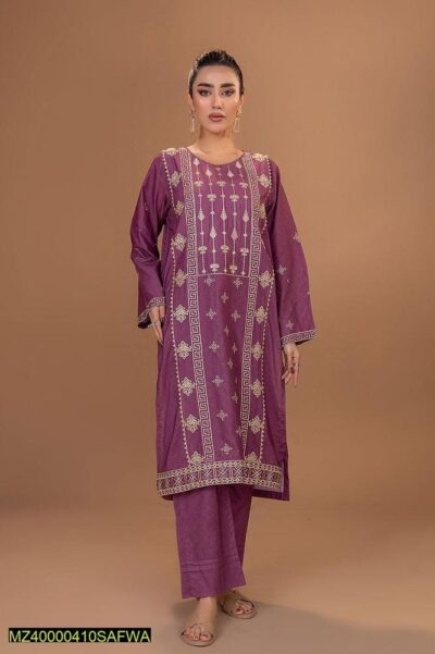 2 Pcs Women's Stitched Lawn Pret Embroidered Suit, Purple