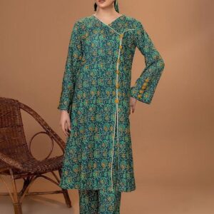 2 Pcs Women's Stitched Lawn Pret Printed Suit, Green