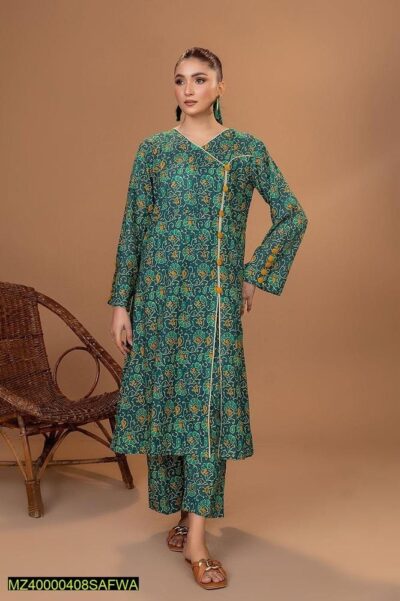 2 Pcs Women's Stitched Lawn Pret Printed Suit, Green