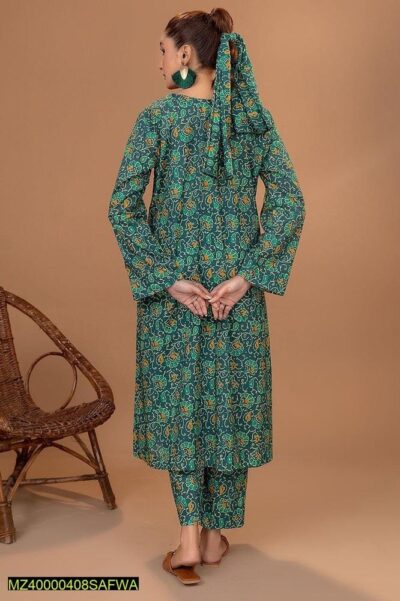 2 Pcs Women's Stitched Lawn Pret Printed Suit, Green