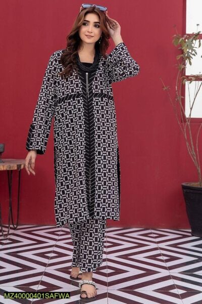 2 Pcs Women's Stitched Lawn Pret Printed Suit, Black