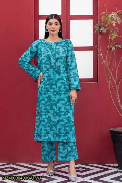 2 Pcs Women's Stitched Lawn Pret Printed Suit, Blue