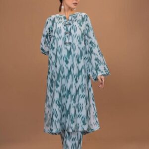 2 Pcs Women's Stitched Lawn Pret Printed Suit, Green