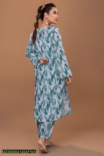 2 Pcs Women's Stitched Lawn Pret Printed Suit, Green