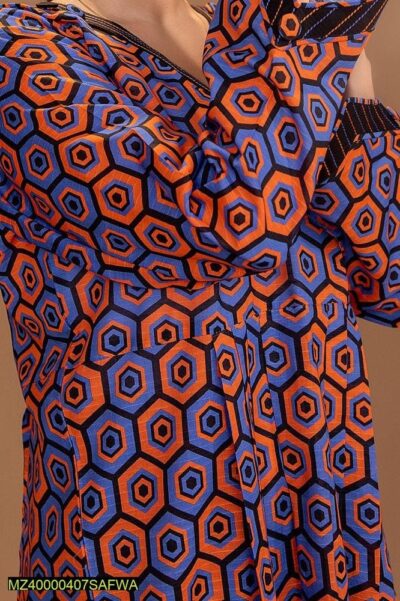 2 Pcs Women's Stitched Lawn Pret Printed Suit, Orange