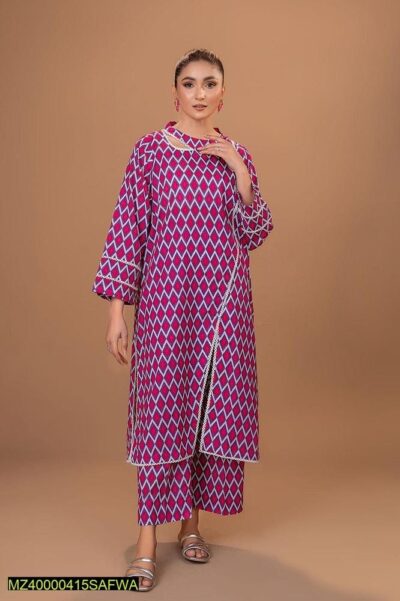 2 Pcs Women's Stitched Lawn Pret Printed Suit, Pink