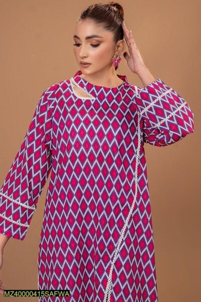 2 Pcs Women's Stitched Lawn Pret Printed Suit, Pink