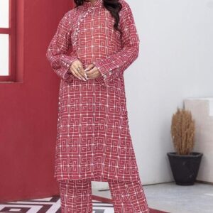 2 Pcs Women's Stitched Lawn Pret Printed Suit, Red