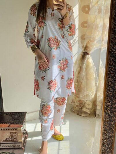 2 Pcs Women's Stitched Linen Printed Shirt And Trouser