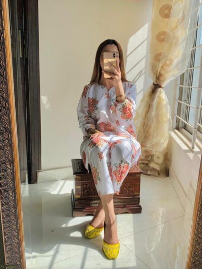 2 Pcs Women's Stitched Linen Printed Shirt And Trouser