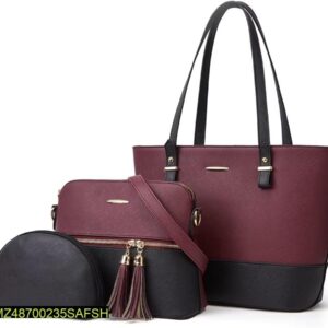 3 Pcs Women's PU Leather Plain Top Handle Shoulder Bag