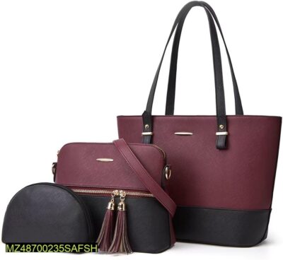 3 Pcs Women's PU Leather Plain Top Handle Shoulder Bag