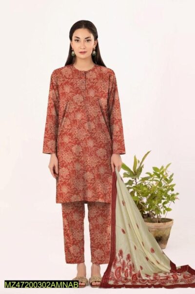 Amna.B-3 Pcs Women's Unstitched Lawn Printed Suit